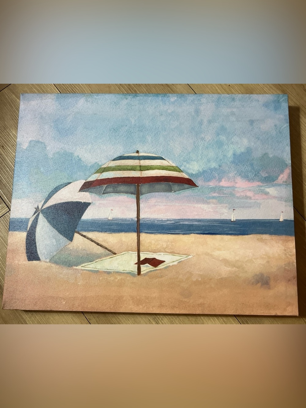 Beach Umbrellas Art on Stretched Canvas 11" x 14" Summer Ocean Balmy Breezes